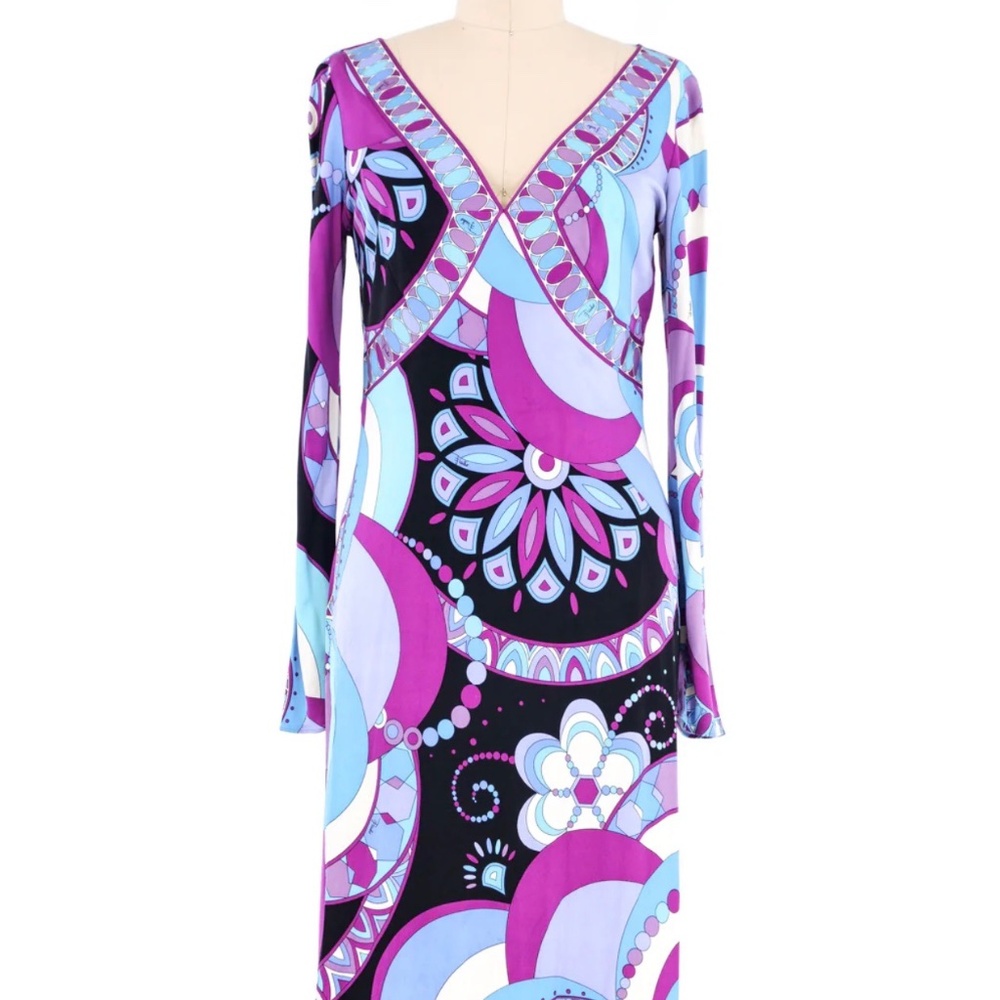 EMILIO PUCCI⎻Blue Purple Flowers & Swirls Midi Dress, Vintage, XS